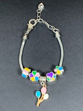 Silver Tone Multi-Color Enamel Flower & Balloon Charm Bracelet 6-8”